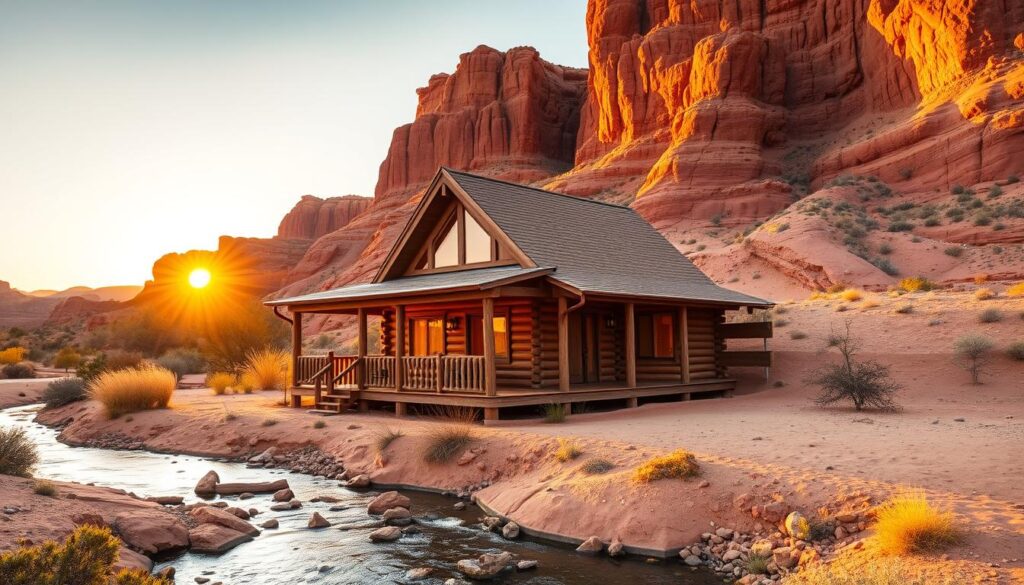 A cozy log cabin nestled in the serene desert landscape of Moab, Utah. The cabin is surrounded by towering red rock formations, casting long shadows across the sandy terrain. The front porch overlooks a tranquil stream, its gentle waters reflecting the vibrant hues of the sunset. Warm, golden light filters through the cabin's windows, creating a welcoming and inviting atmosphere. Inside, the cabin features rustic decor and natural wood accents, creating a space that seamlessly blends with the stunning natural beauty outside. A peaceful retreat from the hustle and bustle, this cabin offers the perfect escape for those seeking a genuine Moab experience.