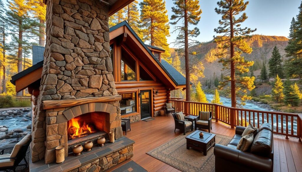 A cozy log cabin nestled in the wilderness, surrounded by towering pines and a serene mountain stream. In the foreground, a large stone fireplace casts a warm glow, inviting guests to curl up and relax. The cabin's interior features rustic-chic decor, with plush leather furnishings and hand-carved wooden accents. A well-equipped kitchenette sits adjacent to a spacious dining area, perfect for preparing and enjoying meals. Large windows offer panoramic views of the stunning canyon landscape beyond, bathed in golden afternoon sunlight. A wooden deck extends outward, providing an outdoor living space to soak in the tranquility of the natural surroundings.