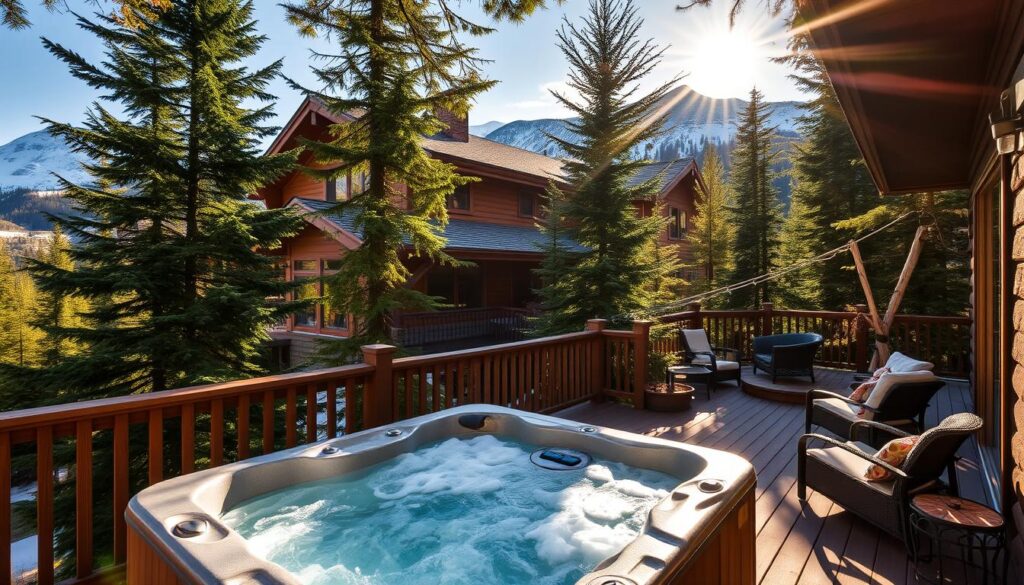 A cozy mountain cabin nestled against the backdrop of snow-capped peaks, with a crackling fireplace visible through the windows. In the foreground, a wooden deck showcases a bubbling hot tub, surrounded by lush evergreen trees. Dappled sunlight filters through the canopy, casting warm hues on the scene. The middle ground features an inviting patio with comfortable outdoor furniture, perfect for admiring the breathtaking views of West Glacier. The overall atmosphere exudes a sense of rustic luxury and tranquility, inviting visitors to relax and unwind in the heart of nature.