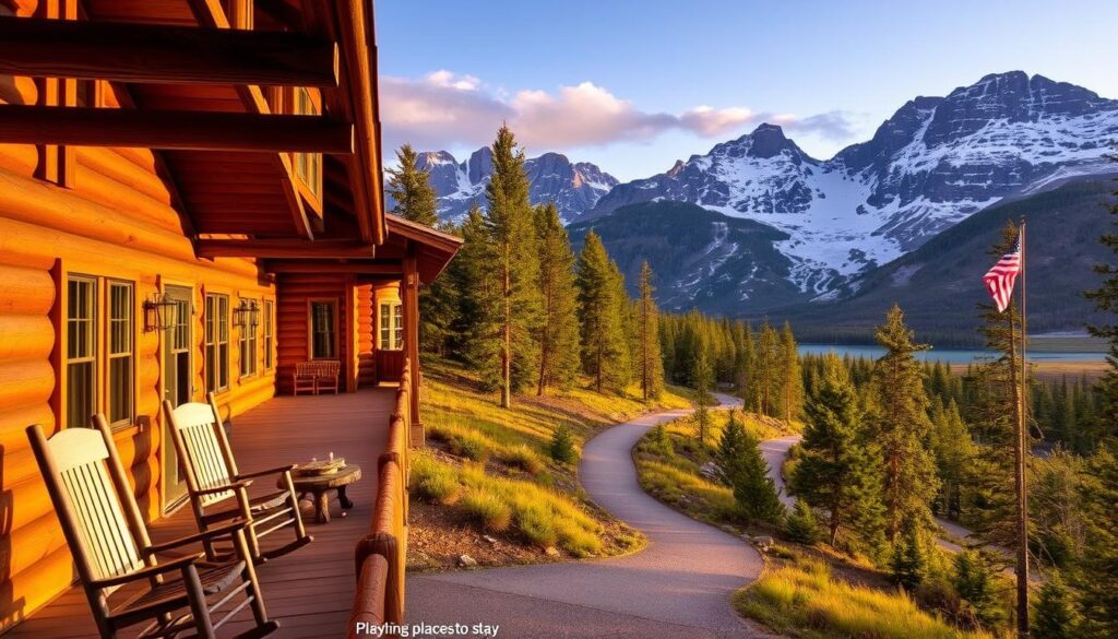 A cozy mountain lodge nestled amidst the towering peaks of Glacier National Park, its rustic exterior bathed in the warm glow of sunset. The foreground features a sprawling porch with rocking chairs, inviting visitors to relax and soak in the breathtaking vistas. In the middle ground, a winding path leads through a lush, pine-scented forest, hinting at the adventures that await. The background showcases the park's iconic glaciers and alpine meadows, their pristine beauty reflected in a serene lake. The scene exudes a sense of tranquility and connection with nature, perfectly capturing the quintessential "places to stay" experience near Glacier National Park.