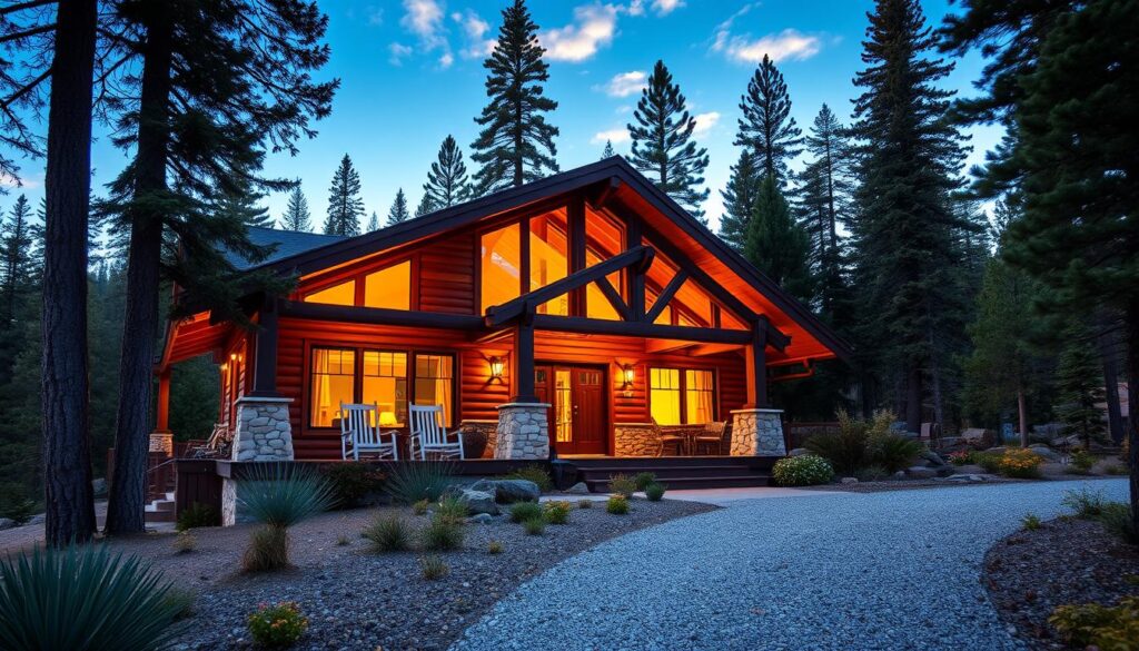 A cozy mountain service lodge nestled in the lush evergreen forest, illuminated by warm natural light filtering through the large windows. The facade features wooden beams, stone accents, and a welcoming porch with rocking chairs. In the foreground, a gravel path leads to the entrance, flanked by native plants and flowers. The background showcases the majestic silhouettes of towering sequoia trees against a picturesque blue sky. The overall scene evokes a serene, rustic atmosphere perfect for a peaceful getaway.