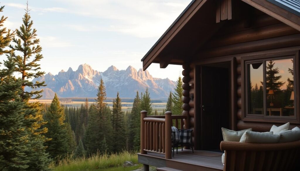 A cozy one-bedroom cabin nestled in the lush evergreen forests of the Grand Teton National Park. The rustic exterior features weathered wooden siding and a charming pitched roof, blending seamlessly with the surrounding natural landscape. Through the large picture window, a breathtaking view of the majestic Teton mountain range dominates the background, bathed in warm, golden afternoon light. In the foreground, a quaint front porch invites visitors to sit and take in the serene mountain atmosphere, while the interior reveals a cozy living space with a fireplace and plush furnishings, creating a inviting, peaceful retreat.