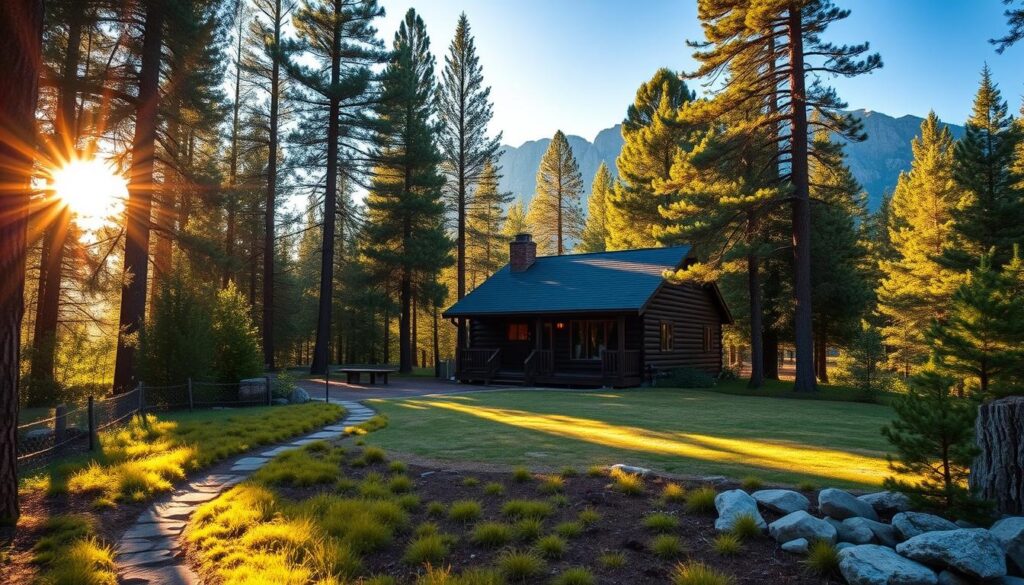 A cozy pet-friendly cabin nestled in the lush forests of Yosemite National Park, with a fenced yard where furry companions can play freely. The cabin is bathed in warm, golden sunlight filtering through the towering pine trees, casting a serene and inviting atmosphere. In the foreground, a well-maintained trail winds through the undergrowth, leading to scenic hiking routes. The middle ground features a spacious fenced yard, with a mix of grassy areas and natural rock formations, providing ample space for pets to explore and enjoy the great outdoors. The background showcases the majestic granite peaks of Yosemite, creating a breathtaking natural backdrop for this idyllic pet-friendly retreat.