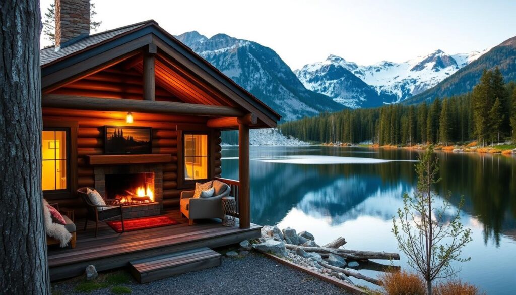A cozy, rustic cabin nestled amidst the towering peaks of Glacier National Park. The front porch overlooks a serene lake, its still waters reflecting the surrounding forest and distant snow-capped mountains. Warm, golden light spills through the cabin's windows, casting a welcoming glow. Inside, a roaring fireplace casts flickering shadows across the knotty wood walls and plush furnishings. A sense of peaceful isolation pervades the scene, inviting visitors to unwind and immerse themselves in the natural wonder of the West Glacier region.