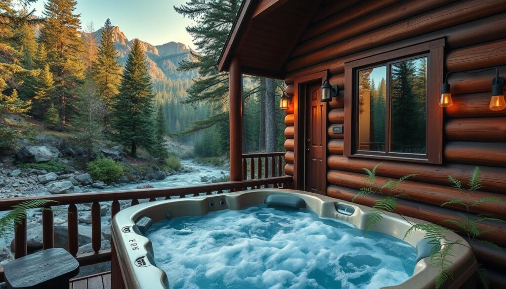 A cozy, rustic wooden cabin nestled in the lush, evergreen forests of the Sierra Nevada mountains, with a steaming hot tub on the deck overlooking a picturesque mountain stream. Warm lighting and soft, natural tones create a serene, inviting atmosphere. The tub is filled with bubbling, crystal-clear water, surrounded by smooth river rocks and lush ferns. The cabin's exterior features weathered wood siding and a charming pitched roof, blending seamlessly with the rugged, rugged landscape. In the distance, towering peaks and evergreen forests create a breathtaking backdrop, hinting at the natural wonders of Yosemite National Park just beyond.