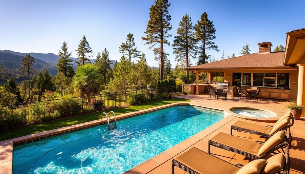 A cozy vacation rental nestled in a lush, verdant landscape, with a sun-drenched outdoor oasis. In the foreground, a sparkling in-ground pool shimmers, surrounded by plush lounge chairs and a bubbling hot tub. In the middle ground, a spacious deck with a well-equipped outdoor kitchen and dining area, perfect for alfresco meals and gatherings. The background features a picturesque mountain vista, with towering pines and a serene atmosphere. Warm, diffused lighting bathes the entire scene, creating a welcoming and relaxing ambiance. The overall impression is one of comfort, luxury, and the perfect blend of indoor and outdoor living for a family getaway.
