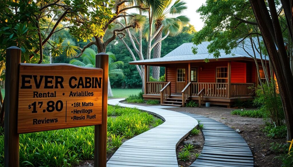 A cozy, well-lit cabin surrounded by the lush, verdant foliage of the Everglades. In the foreground, a wooden sign displays the cabin's rental rates, availability, and reviews from previous guests. The background features a tranquil wetland landscape, with a winding boardwalk leading visitors towards the entrance. Warm, natural lighting illuminates the scene, creating a welcoming and serene atmosphere. The cabin's exterior exudes rustic charm, with a wraparound porch and earthy tones that blend seamlessly with the surrounding environment. This image perfectly captures the essence of a wetland retreat near Everglades National Park.