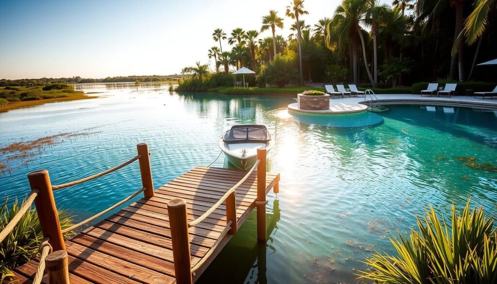 A cozy wooden boat dock nestled alongside a sparkling amenity spotlight pool, surrounded by lush greenery and a tranquil wetland landscape. The dock features sturdy railings, a small boat tied up, and a warm, golden glow from the setting sun casting a serene ambiance. The pool's crystal-clear water reflects the natural scenery, inviting visitors to relax and enjoy the idyllic retreat. In the background, a wooded area with towering palm trees and other tropical foliage creates a sense of seclusion and privacy, perfect for a getaway near the Everglades National Park.