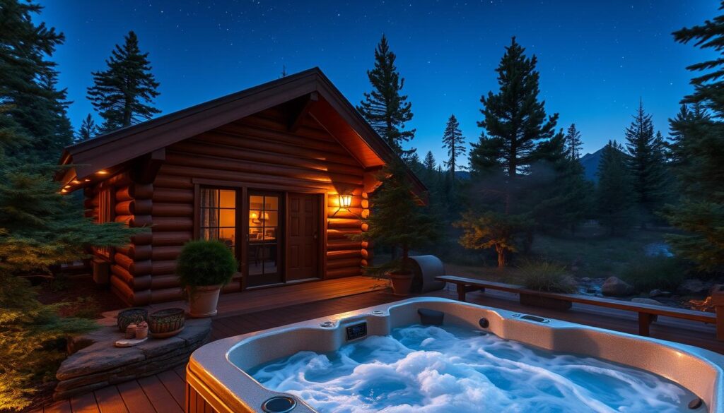 A cozy wooden cabin nestled in the Sierra Nevada mountains, with a steaming hot tub on the secluded back patio. The tub is surrounded by lush evergreen trees, with a gentle stream flowing nearby. The sky is clear, allowing the stars to twinkle overhead. Soft mood lighting illuminates the scene, creating a serene and relaxing atmosphere. The tub is filled with bubbling, mineral-rich water, inviting guests to unwind and soothe their muscles after a day of hiking or exploring Yosemite. The cabin's exterior features a rustic, log-cabin design, blending seamlessly with the natural surroundings.