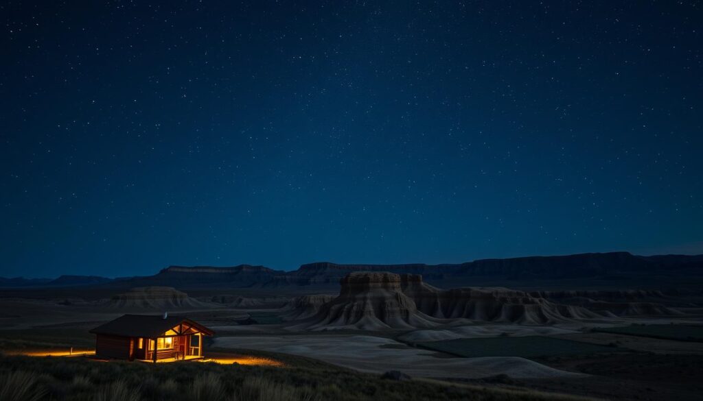 A crystal-clear night sky over a serene, rugged landscape. In the foreground, a cozy cabin nestled among the rolling hills and prairies of South Dakota's Badlands, its warm glow inviting weary travelers to rest. The middle ground features the sculpted rock formations and ravines that define this unique terrain, casting dramatic shadows under the starlight. In the distance, the vast expanse of the heavens comes alive, with a dazzling array of stars twinkling against the inky blackness. Soft moonlight illuminates the scene, creating an atmosphere of tranquility and wonder, perfect for those seeking a quiet, rejuvenating getaway in the heart of the American heartland.