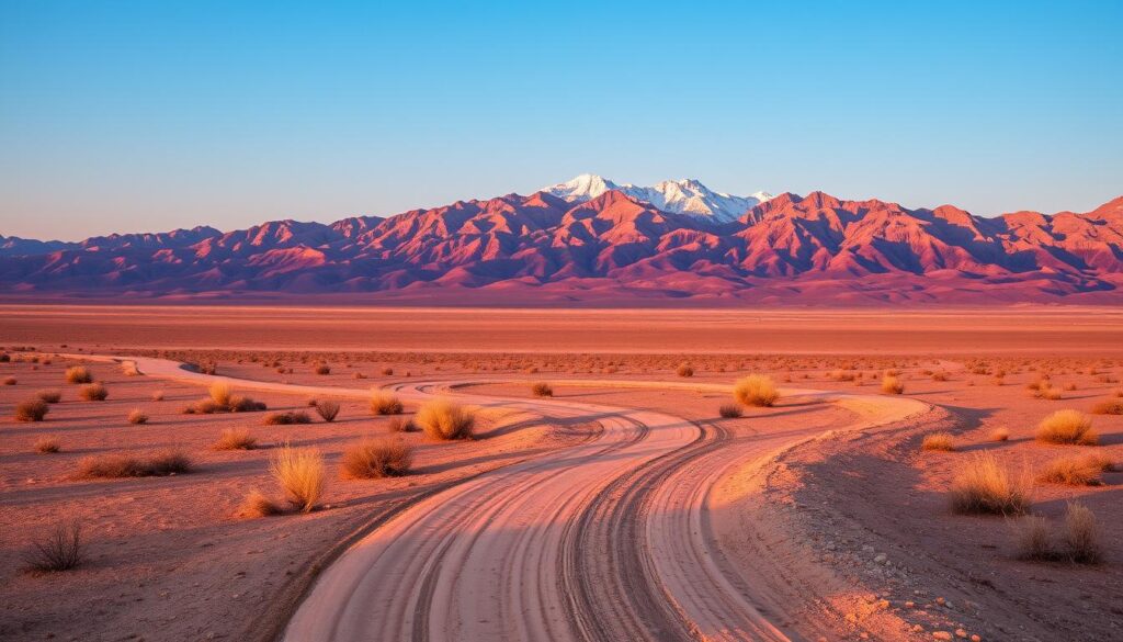 A desert landscape in the Amargosa Valley, Shoshone, and Olancha region near Death Valley National Park. In the foreground, a winding dirt road leads through a vast expanse of sun-baked sand, dotted with hardy desert shrubs. In the middle ground, rugged, weathered mountains rise up, their peaks capped with a faint dusting of snow. The sky is a deep, cloudless blue, with the warm glow of the setting sun casting long shadows across the scene. The overall mood is one of tranquility and isolation, capturing the quiet, remote beauty of this desert corner. Captured with a wide-angle lens to emphasize the scale and vastness of the landscape.