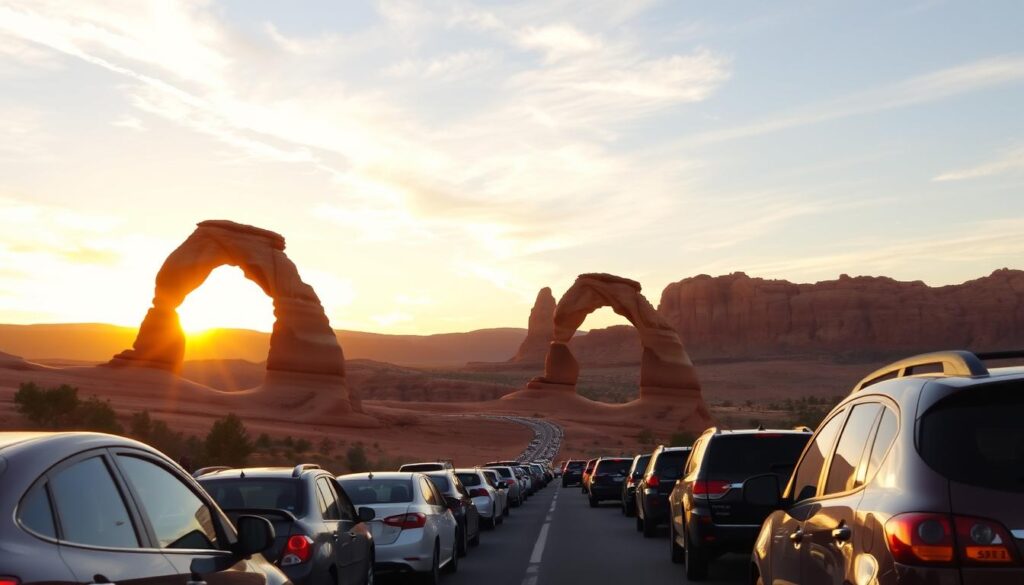 A dramatic landscape of Arches National Park's iconic sandstone arches, illuminated by the warm glow of the setting sun. In the foreground, a carefully ordered line of vehicles waits patiently to enter the park, reflecting the park's timed entry system. The middle ground showcases the majestic silhouettes of the arches against a vibrant, golden sky. In the distance, a sense of anticipation and wonder for the natural wonders that lie ahead. The image conveys the importance of planning and coordination required to fully experience this breathtaking natural wonder, while still preserving its delicate ecosystem.