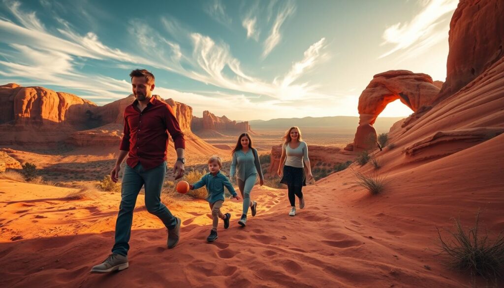 A family of four hiking along a winding trail in Arches National Park, the iconic sandstone formations casting warm, golden light across the scene. In the foreground, a father and young son lead the way, their boots crunching on the red-hued sand. The mother and daughter follow closely behind, their faces alight with wonder as they take in the dramatic natural landscape. Wispy clouds drift overhead, casting dynamic shadows that dance across the undulating terrain. The light has a soft, diffused quality, creating a sense of tranquility and adventure. Wide-angle lens captures the expansive, majestic vistas of this iconic American landscape.