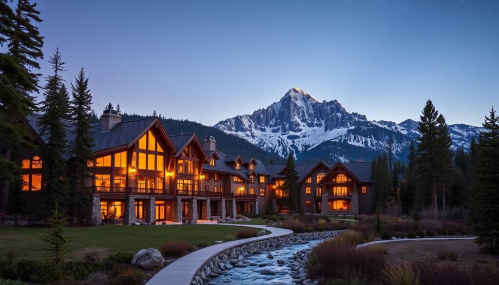 A grand, rustic-chic luxury lodge nestled amidst the towering pines and granite peaks of Yosemite National Park. In the foreground, a sprawling stone-and-timber facade with large windows offering panoramic views of the surrounding wilderness. Warm golden lighting emanates from within, casting a cozy glow. In the middle ground, a well-manicured path leads towards the entrance, flanked by native flora and a bubbling stream. The background showcases the majestic, snow-capped Sierra Nevada mountains reaching towards a clear, starry sky. An atmosphere of tranquil elegance and elevated mountain living, inviting guests to experience the grandeur of Yosemite in unparalleled comfort and style.