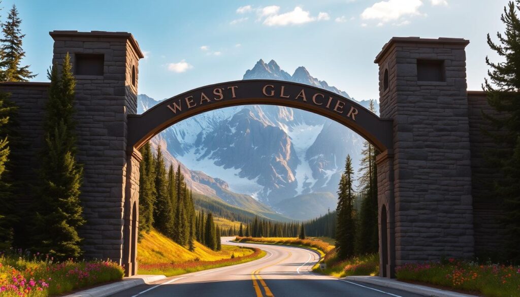A grand stone arch frames the entrance to West Glacier, the iconic gateway to Glacier National Park. The towering peaks of the Rocky Mountains rise majestically in the background, their snow-capped summits glowing in the warm afternoon light. A winding road leads visitors through a lush, verdant landscape dotted with vibrant wildflowers, inviting them to explore the park's rugged beauty. The scene radiates a sense of adventure and natural wonder, perfectly encapsulating the allure of a cabin getaway near this breathtaking natural wonder.