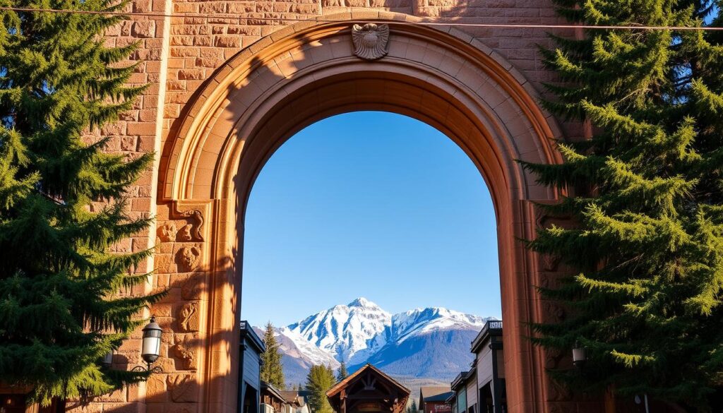 A grand stone archway frames the entrance to St. Mary, a picturesque village nestled at the eastern edge of Glacier National Park. The façade is adorned with intricate carvings and weathered by the elements, exuding a sense of timeless grandeur. Lush evergreen trees flank the structure, their verdant boughs casting gentle shadows across the scene. Warm, golden sunlight filters through, illuminating the ochre-hued stone and creating a welcoming atmosphere. In the distance, the majestic peaks of the Rocky Mountains rise up, their snow-capped summits glistening under the clear, azure sky. This serene and awe-inspiring setting invites visitors to step through the iconic entrance and immerse themselves in the natural splendor of Glacier National Park.