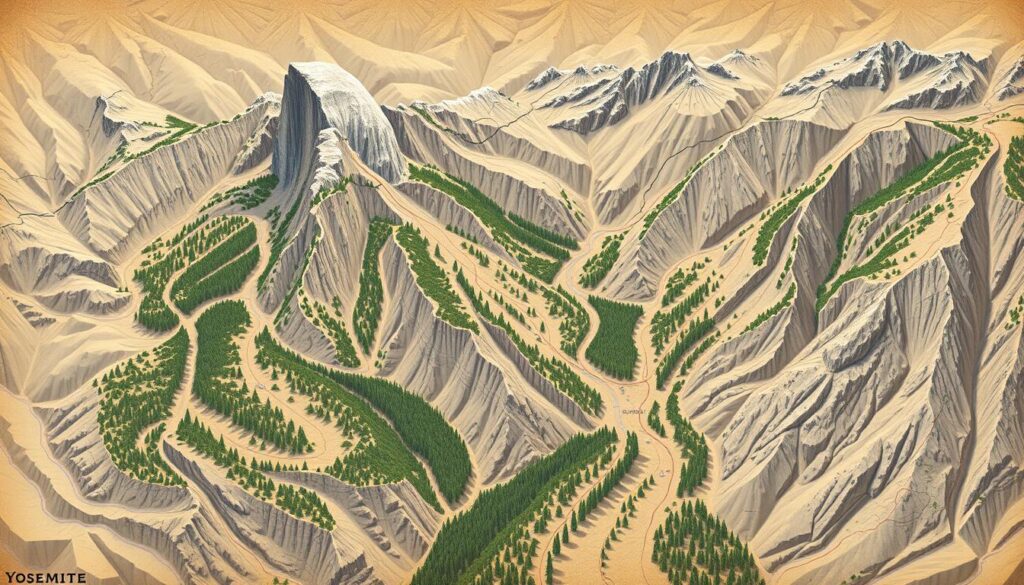A high-quality, photorealistic map depicting the winding trails and scenic vistas of Yosemite Valley. Rendered in muted earth tones, the map showcases the region's iconic granite formations, including Half Dome and El Capitan, nestled among lush forests and cascading waterfalls. The topography is rendered with meticulous detail, highlighting the rugged terrain and hiking routes that lead visitors deep into the heart of this picturesque national park. Subtle shadows and gentle lighting create a sense of depth and dimension, inviting the viewer to imagine themselves navigating this breathtaking landscape. The overall composition is clean, balanced, and optimized for easy interpretation, serving as a valuable resource for those planning their Yosemite adventures.