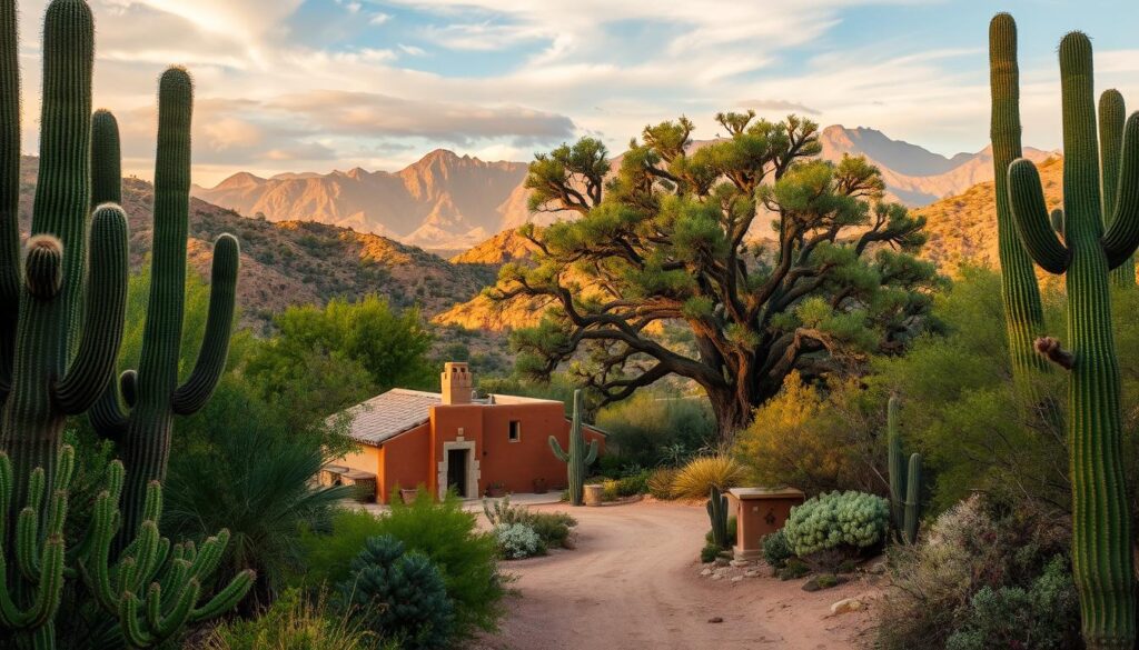 A lush desert oasis in the Tucson Mountains, Tanque Verde is framed by towering saguaro cacti and rolling hills. In the foreground, a rustic adobe cabin nestled among the verdant vegetation, its warm terracotta hues complementing the arid landscape. Soft, diffused sunlight filters through wispy clouds, casting gentle shadows and highlighting the textural details of the scene. The middle ground features a winding dirt path leading towards a cluster of mature mesquite trees, their twisted branches silhouetted against the distant mountains. The background showcases the iconic Catalina Mountains, their rugged peaks bathed in a golden glow. An atmosphere of serene tranquility and connection to the natural world permeates the image, inviting the viewer to envision themselves immersed in this desert oasis.