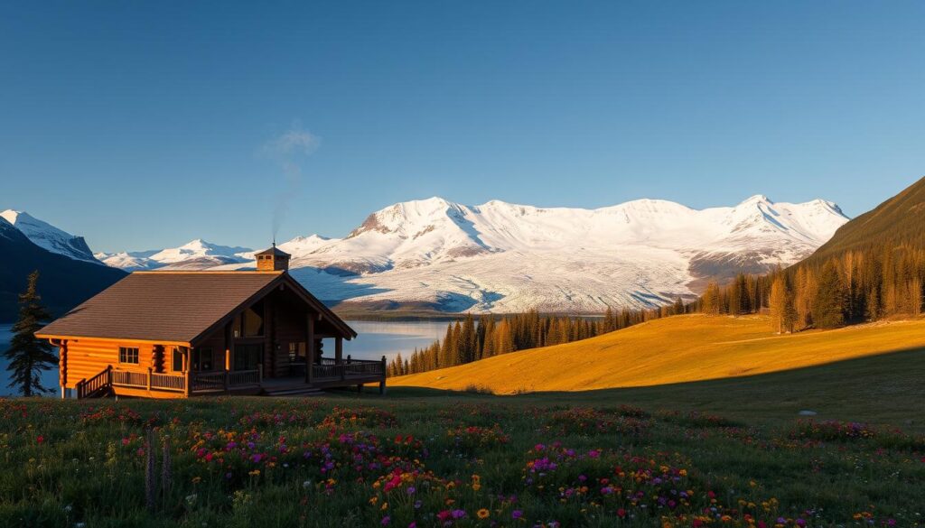 A luxurious, adults-only mountain retreat nestled beside a pristine glacier, bathed in warm, golden light. In the foreground, a cozy log cabin with a sprawling deck overlooking a serene alpine lake. Wisps of smoke curl from the chimney, inviting guests to relax by the crackling fire. The middle ground features a gently sloping meadow blanketed in vibrant wildflowers, leading the eye towards the towering, snow-capped peaks of the Rockies. In the background, an immense glacier glistens under a clear, azure sky, creating a breathtaking, cinematic landscape. The overall mood is one of tranquility, indulgence, and a deep connection to the natural world.