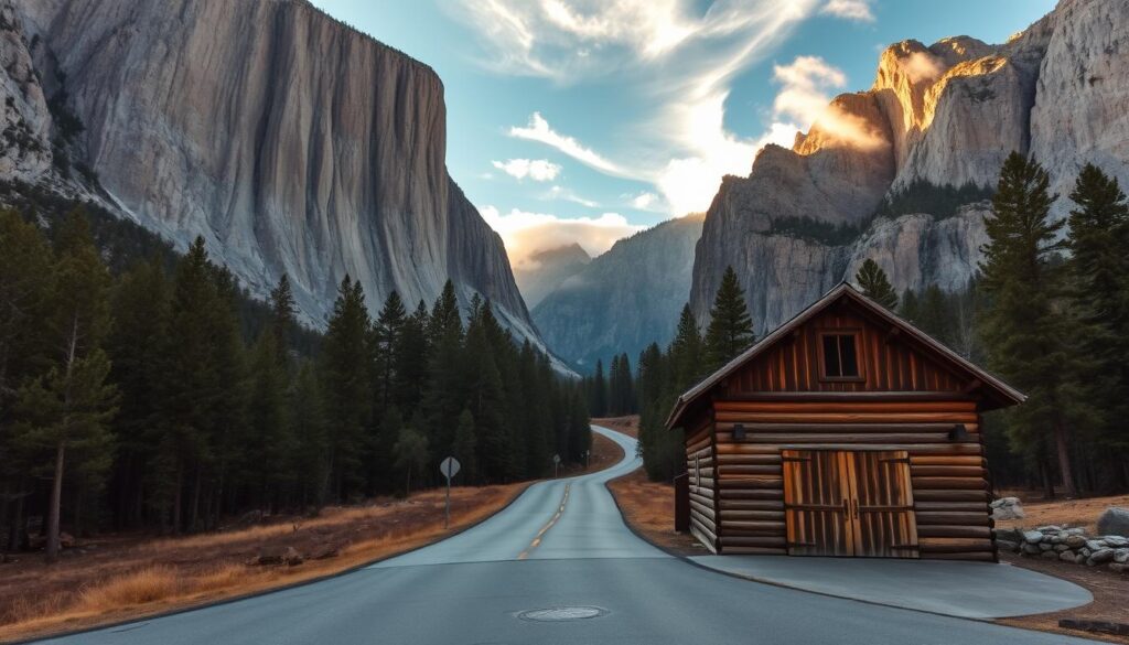 A majestic gateway to Yosemite's western entrance, framed by towering granite cliffs and lush evergreen forests. A winding mountain road leads the eye into the distance, inviting exploration of the park's rugged wilderness. Warm golden light filters through wispy clouds, casting a serene glow across the scene. In the foreground, a historic wooden structure stands as a rustic welcome, its weathered facade blending seamlessly with the surrounding natural beauty. This tranquil portal offers a peaceful respite, hinting at the boundless adventure that awaits beyond.