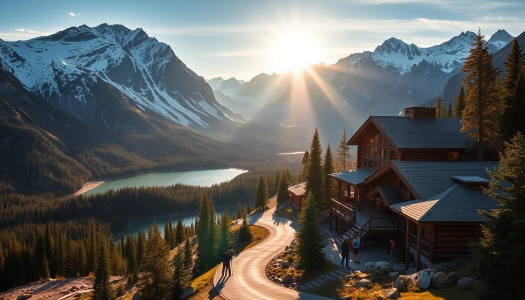 A majestic landscape of Glacier National Park in Montana unfolds, with snow-capped peaks in the background and a serene alpine lake in the foreground. The sun casts a warm glow over the rugged terrain, illuminating the rich hues of the evergreen forests and rocky outcroppings. In the middle ground, a winding road leads towards a quaint mountain lodge, its log cabin architecture blending seamlessly with the natural surroundings. Hikers and outdoor enthusiasts explore the trails, capturing the breathtaking vistas. The image conveys the beauty and serenity of this iconic national park, inviting the viewer to choose the perfect place to stay and immerse themselves in the heart of nature.