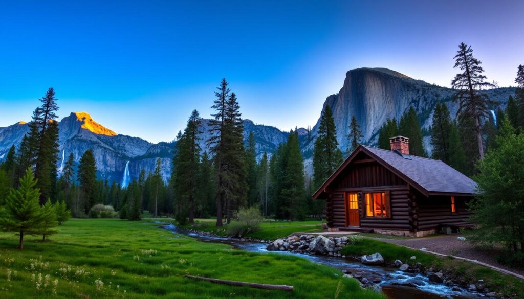 A majestic landscape of Yosemite National Park, with towering granite cliffs and cascading waterfalls set against a vibrant blue sky. In the foreground, a cozy log cabin nestled among towering pines, its warm lighting beckoning visitors to step inside and experience the natural serenity. The middle ground features a meandering creek, its gentle flow complemented by the verdant meadows and wildflowers that dot the scene. In the background, the iconic Half Dome rises majestically, its rugged peaks silhouetted against the golden hues of the setting sun, creating a serene and enchanting atmosphere that captures the essence of a Yosemite adventure.