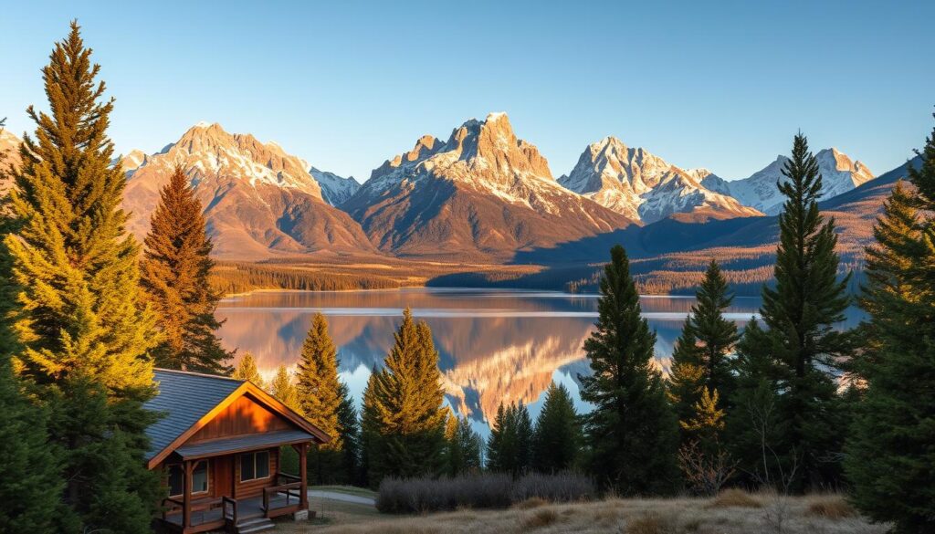 A majestic landscape of the Teton mountain range, captured in golden hour light. In the foreground, a cozy cabin nestled among towering pines, its rustic charm inviting exploration. The middle ground features a crystal-clear alpine lake, its still waters reflecting the dramatic peaks. In the distance, the iconic silhouettes of the Tetons rise majestically, their snow-capped summits bathed in a warm, ethereal glow. A wide-angle lens captures this breathtaking vista, conveying a sense of awe and tranquility. The scene is infused with a serene, contemplative mood, perfectly encapsulating the essence of a mountain retreat near Grand Teton National Park.