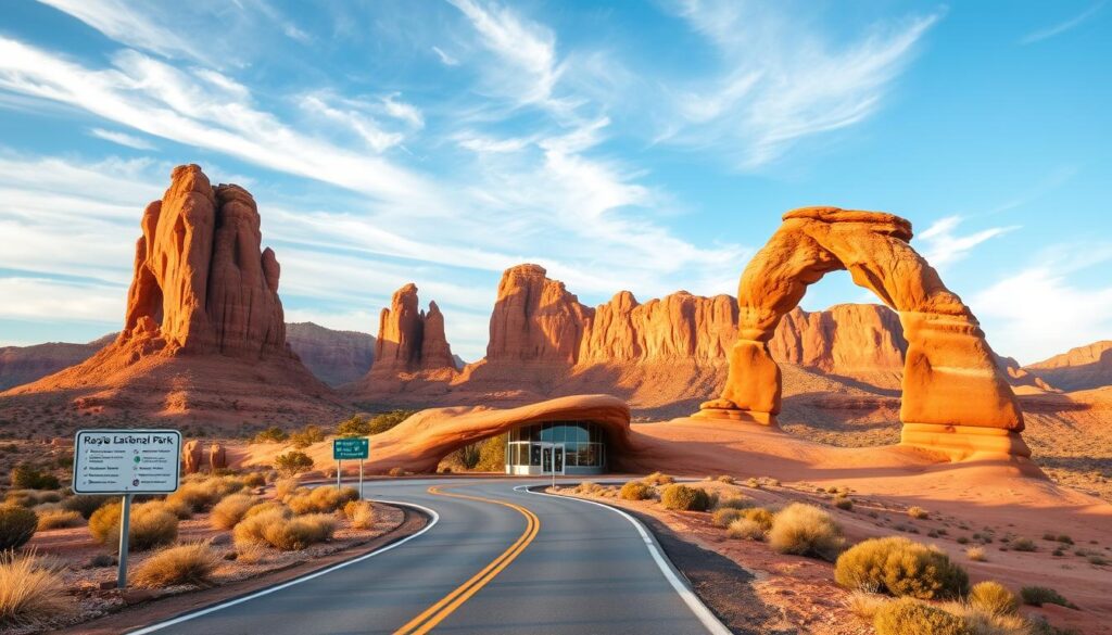 A majestic landscape of towering sandstone arches, set against a clear sky with wispy clouds. In the foreground, a winding road leads the viewer through the park's entrance, guiding them towards the iconic rock formations. Detailed signage and well-marked trails suggest a carefully planned arrival experience. The middle ground features a visitor center or information kiosk, where travelers can gather maps, permits, and guidance for their adventure. In the background, the rugged, arid terrain of Arches National Park stretches out, inviting further exploration. Warm, golden lighting casts a welcoming glow, capturing the essence of a seamless and visually stunning arrival plan.
