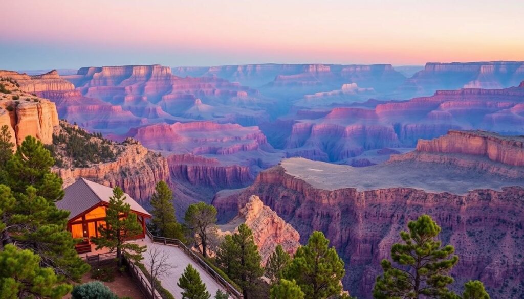 A majestic vista of the South Rim of the Grand Canyon National Park, showcasing its iconic rock formations, layered hues, and sweeping vistas. In the foreground, a cozy cabin nestled among the pine trees, its warm lights inviting visitors to relax and take in the breathtaking scenery. The middle ground features the rugged, undulating landscape, carved by the Colorado River and sculpted by time. In the background, the dramatic cliffs and ridges of the canyon stretch out, bathed in the warm glow of the setting sun. Crisp, clean lighting captures the natural beauty of this remarkable natural wonder, creating an atmosphere of tranquility and awe.