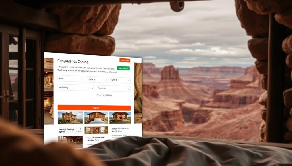 A modern booking interface for rustic cabins nestled in the rugged landscapes of Canyonlands National Park. In the foreground, a clean, intuitive website with crisp photography showcasing the cabins' interiors and scenic vistas. Soft, warm lighting illuminates the booking process, with clear information on rates, availability, and flexible policies. In the middle ground, a panoramic view of the park's iconic sandstone formations and sprawling canyons, hinting at the outdoor adventures that await. The background is filled with a muted, earthy color palette that evokes the natural splendor of this remote desert destination. The overall mood is one of tranquility, accessibility, and a deep connection to the wilderness.