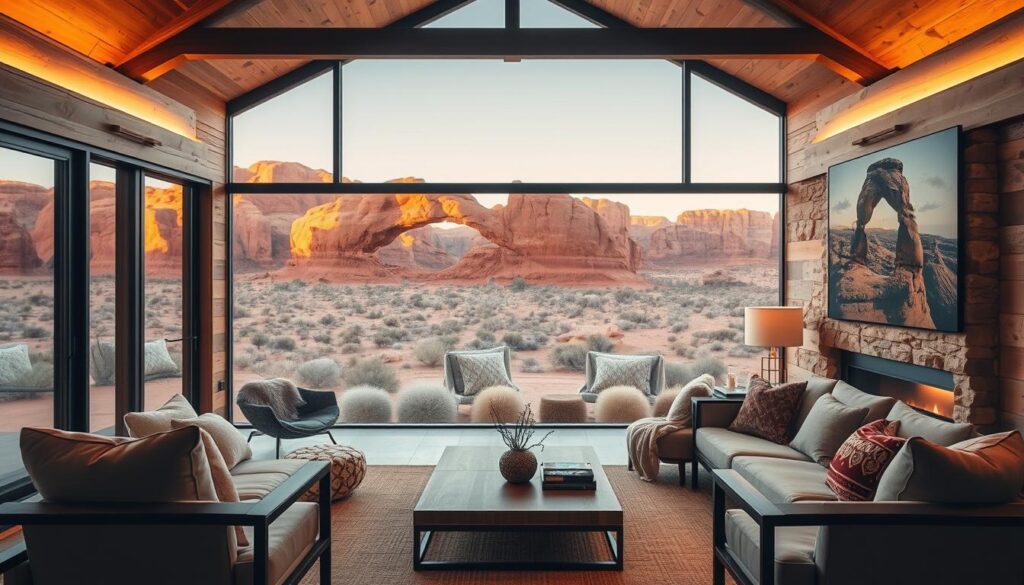 A modern cabin nestled in the arid Moab landscape, bathed in warm, golden light. In the foreground, sleek steel and glass furnishings complement the rustic wooden beams and natural stone accents. Through large panoramic windows, the dramatic red rock formations of Arches National Park stand in the middle ground, framing the scene. Soft ambient lighting creates a cozy, inviting atmosphere, while clean lines and minimalist design evoke a sense of refined luxury amidst the rugged desert surroundings. A perfect blend of contemporary comforts and the wild, untamed beauty of the American Southwest.