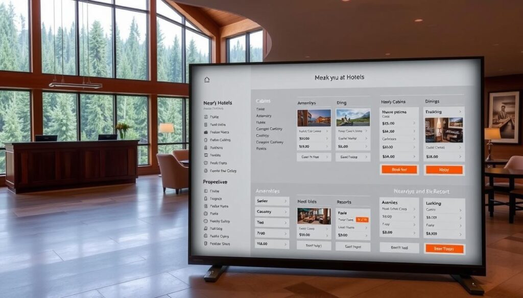 A modern, minimalist hotel lobby with a wooden reception desk, comfortable seating areas, and large windows overlooking a lush forest landscape. The lobby is well-lit with a mix of natural and soft, ambient lighting. In the foreground, a large, interactive display board showcases various price ranges, amenities, dining options, and booking windows for nearby hotels, cabins, and resorts. The display is sleek and easy to navigate, allowing visitors to quickly compare their accommodation options. The overall atmosphere is calm, inviting, and informative, reflecting the section's focus on providing useful information to help plan the perfect Glacier National Park getaway.