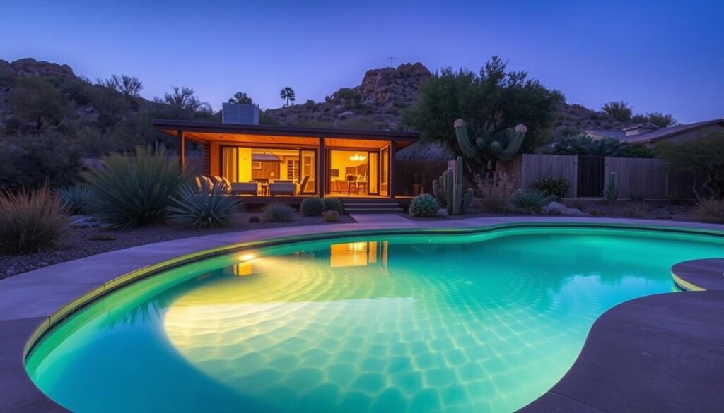 A modern, well-appointed cabin nestled in the desert landscape near Saguaro National Park, with a serene, freeform swimming pool in the foreground. The pool's crystal-clear water reflects the warm hues of the evening sky, complemented by the earthy tones of the surrounding desert vegetation. The cabin itself is designed with clean lines and large windows, seamlessly blending indoor and outdoor living spaces. Soft, diffused lighting bathes the scene, creating a tranquil and rejuvenating atmosphere perfect for desert getaways.