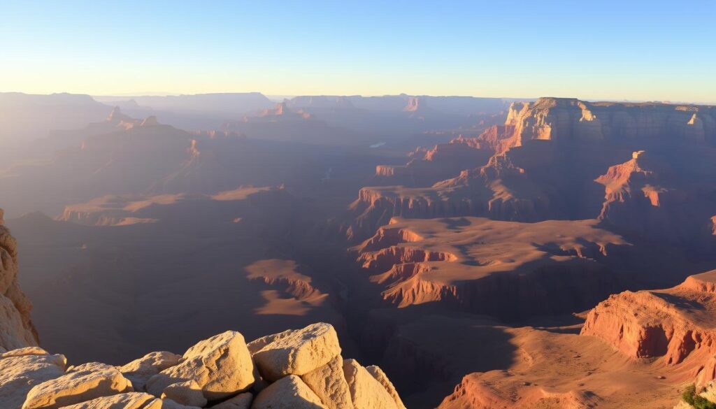 A panoramic view of the majestic South Rim of the Grand Canyon, bathed in warm, golden light. In the foreground, a rocky outcrop juts out, providing a scenic overlook. The middle ground features the vast, awe-inspiring expanse of the canyon, with its layers of multicolored rock formations and deep, winding chasms. In the distance, the horizon is dominated by the towering, rugged cliffs of the North Rim, casting long shadows across the landscape. The scene is captured with a wide-angle lens, highlighting the sheer scale and grandeur of this natural wonder. The overall mood is one of serene contemplation, inviting the viewer to immerse themselves in the breathtaking beauty of this iconic American landmark.