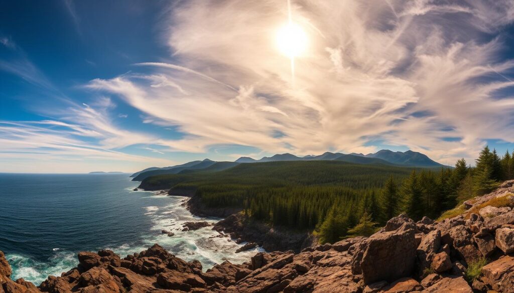 A panoramic vista of Mount Desert Island, Maine, captured under a dramatic sky. In the foreground, a rugged coastline with rocky outcrops and crashing waves. Midground, lush forests and mountains rise majestically, their peaks capped with wispy clouds. Sunlight filters through, casting warm hues across the scene. In the distance, the tranquil waters of the Atlantic Ocean stretch to the horizon. An atmosphere of serene wilderness, where nature's grandeur is on full display. Composition emphasizes the island's scale and the awe-inspiring beauty of this New England gem.