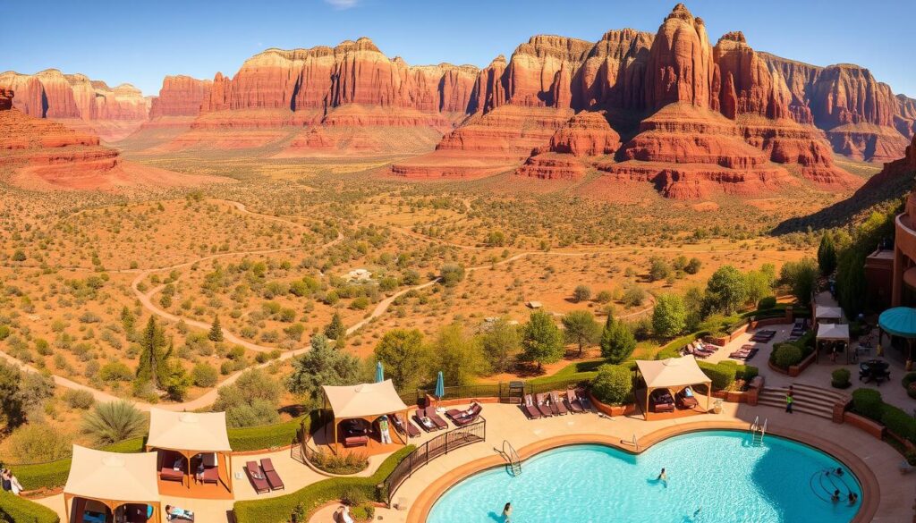 A panoramic vista of a picturesque resort nestled amidst the majestic red rock formations of Zion National Park. In the foreground, guests engage in a variety of activities - swimming in a sparkling turquoise pool, relaxing in luxurious cabanas, and partaking in rejuvenating spa treatments. The middle ground features a network of hiking trails winding through lush, verdant landscapes, while the background showcases the awe-inspiring grandeur of the towering cliffs and canyons. Warm, golden sunlight bathes the entire scene, creating a serene and inviting atmosphere. The overall mood evokes a sense of tranquility, adventure, and connection with the stunning natural surroundings.