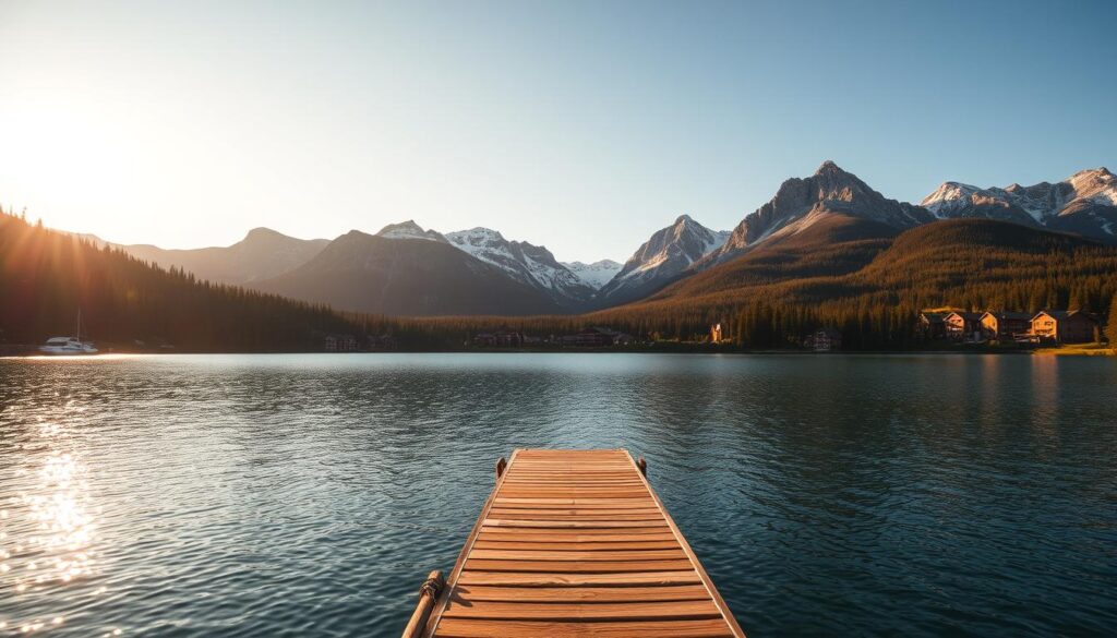 A picturesque alpine lake nestled amidst the majestic peaks of the Rocky Mountains. Whitefish Lake, its crystal-clear waters glistening in the warm, golden sunlight, is surrounded by lush, evergreen forests and towering, snow-capped summits. In the foreground, a wooden dock stretches out into the tranquil waters, inviting visitors to admire the stunning reflections of the landscape. The middle ground features a collection of charming, rustic cabins and resorts, blending seamlessly with the natural environment. In the distance, the rugged silhouettes of the mountains rise up, creating a dramatic and awe-inspiring backdrop. The overall scene radiates a sense of peaceful solitude and boundless natural beauty, perfect for those seeking a serene and scenic retreat near Glacier National Park.