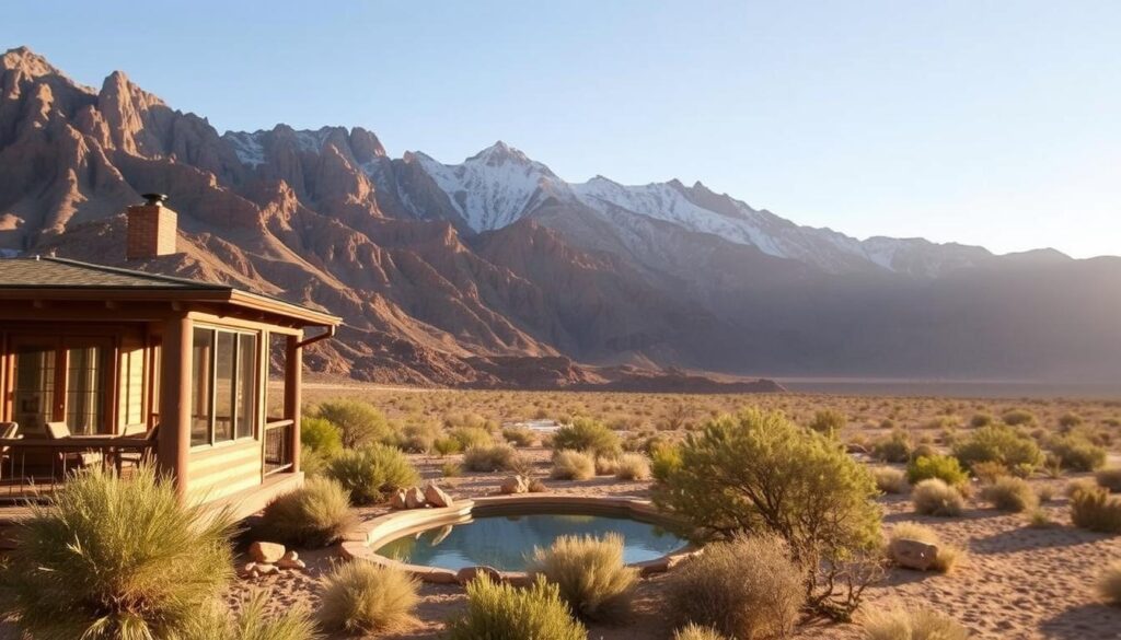 A picturesque desert oasis nestled in the heart of Death Valley National Park. In the foreground, a cozy cabin with a wraparound porch and large windows, bathed in warm, golden light. The middle ground features a tranquil, spring-fed pool surrounded by lush, verdant vegetation, a stark contrast to the rugged, sun-baked terrain beyond. In the background, towering, jagged mountains rise up, their peaks capped with a dusting of snow, creating a dramatic and serene landscape. The scene is captured with a wide-angle lens, showcasing the scale and grandeur of this remarkable setting. The overall mood is one of peaceful solitude and understated luxury, perfect for an editor's pick of a standout desert hideaway.