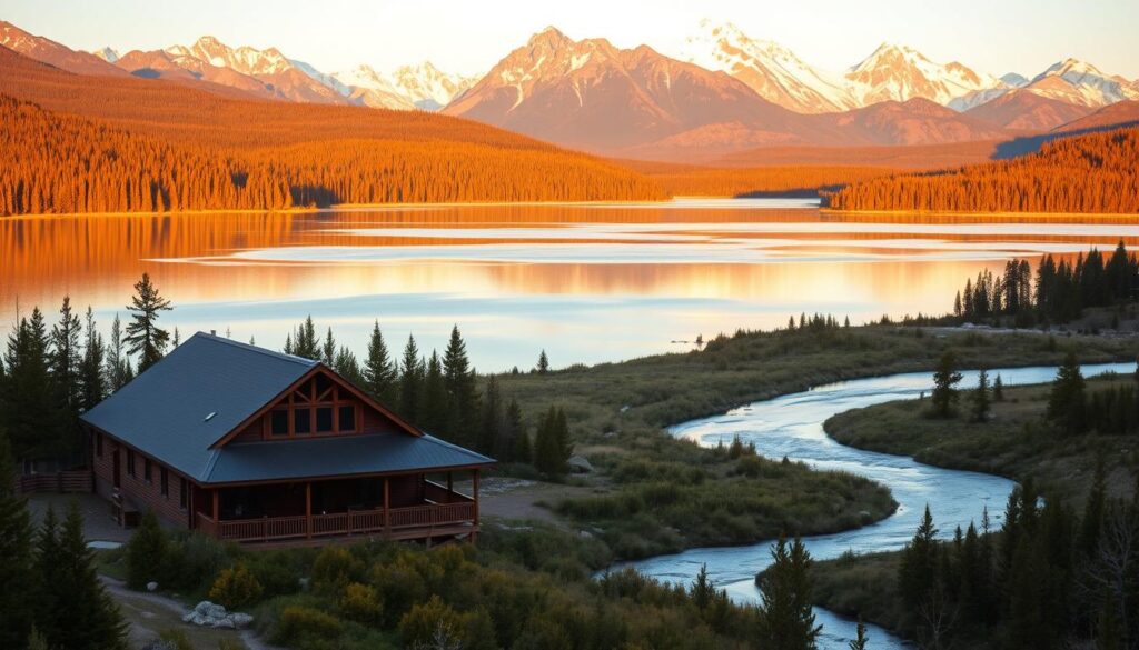 A picturesque landscape of Yellowstone National Park, with towering snow-capped mountains in the background and a serene lake in the foreground. The lake reflects the golden hues of the setting sun, casting a warm glow over the surrounding evergreen forests. In the middle ground, a winding river flows gently, with a wooden cabin nestled on its banks, surrounded by lush vegetation. The cabin's rustic exterior and large porch invite visitors to relax and enjoy the natural beauty of the park. The scene is illuminated by soft, natural lighting, creating a peaceful and tranquil atmosphere, perfect for a family or couple's getaway.