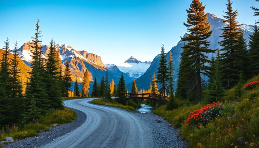 A picturesque mountain road winds through the majestic West Glacier, with a breathtaking view of the snow-capped peaks in the distance. The foreground features a well-maintained gravel path, surrounded by lush evergreen forests and vibrant wildflowers. Warm, golden light filters through the trees, casting a serene, inviting atmosphere. In the middle ground, a wooden bridge crosses a crystal-clear stream, beckoning visitors to venture deeper into the natural wonder of Glacier National Park. The background showcases the towering, rugged mountains, their jagged summits reaching towards the boundless, azure sky. This tranquil scene captures the essence of the "Start Your Glacier Getaway" experience, enticing travelers to embark on an unforgettable adventure in one of America's most iconic natural landscapes.