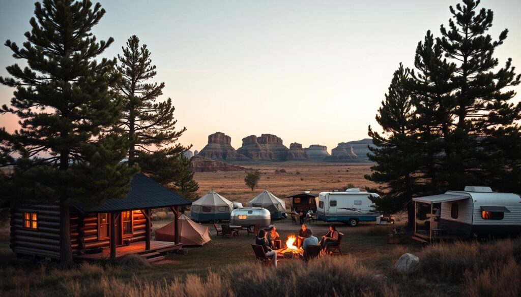 A picturesque scene in the rugged North Dakota prairie, where the tiny town of Belfield sits nestled near the majestic Theodore Roosevelt National Park. In the foreground, a rustic log cabin stands amidst towering ponderosa pines, its warm glow of lanterns inviting weary travelers to rest. In the middle ground, a cluster of cozy glamping tents and vintage campers dot the landscape, their owners gathered around a crackling campfire, gazing out at the striking badlands formations in the distance. The sky is painted in hues of golden hour, casting a soft, romantic light across the entire scene. A sense of adventure and tranquility permeates the air, capturing the essence of a rugged prairie retreat.