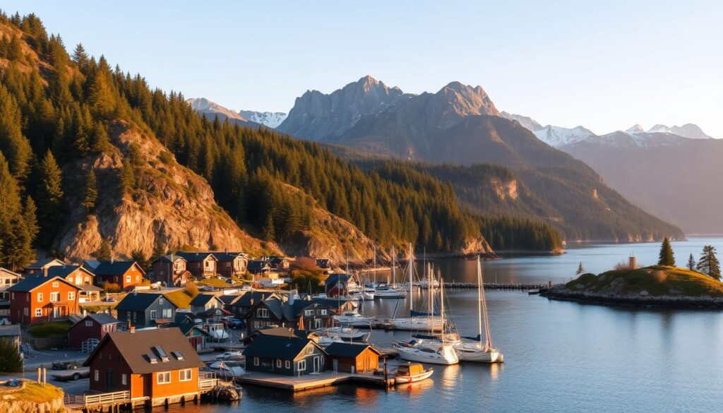 A picturesque southwest harbor nestled between rugged cliffs and dense evergreen forests. In the foreground, a quaint fishing village with charming wooden cabins and docks lined with colorful boats. In the middle ground, a tranquil cove with calm, reflective waters. In the background, majestic mountains rise up, their peaks dusted with a hint of snow. The scene is bathed in warm, golden afternoon light, casting a cozy, inviting atmosphere. The lens captures the scene from a low angle, emphasizing the scale and grandeur of the natural surroundings while highlighting the humble, rustic cabins below.
