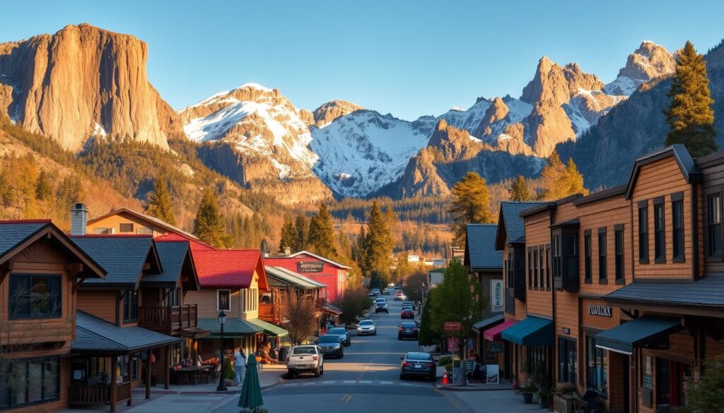 A picturesque view of the gateway towns nestled around the majestic Yosemite National Park. In the foreground, cozy cabins and inns with rustic charm dot the landscape, their wooden facades bathed in warm, golden sunlight. The middle ground features charming main streets lined with quaint shops, cafes, and local businesses, creating a vibrant, small-town ambiance. In the background, the towering granite cliffs and snow-capped peaks of Yosemite's iconic landmarks rise majestically, framing the scene with a sense of grand, natural wonder. The overall atmosphere evokes a harmonious blend of outdoor adventure, local culture, and hospitality, enticing visitors to explore these welcoming gateway communities on the edge of the park.