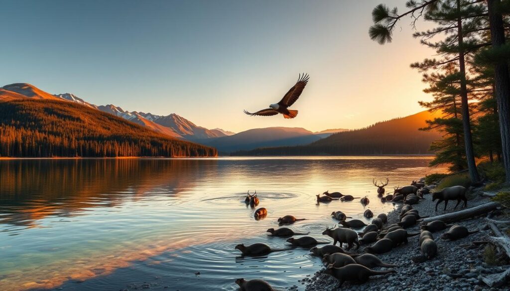 A picturesque waterfront scene at golden hour, showcasing the vibrant wildlife of the Yellowstone region. In the foreground, a tranquil lake reflects the surrounding mountains and lush forests. Majestic elk graze peacefully along the shoreline, while a family of otters playfully swim in the crystal-clear waters. In the middle ground, a bald eagle soars gracefully, its wingspan silhouetted against the warm, glowing sky. Towering pine trees frame the edges of the frame, creating a sense of depth and natural harmony. The overall atmosphere is one of serene, untouched beauty, inviting the viewer to immerse themselves in the rugged, yet serene, landscape near Yellowstone National Park.