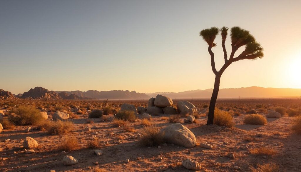 A rugged desert landscape in the soft, golden light of dawn. In the foreground, a lone, twisted Joshua tree stands sentry, its spiky silhouette casting long shadows across the rocky terrain. In the middle ground, a cluster of low, weathered boulders juts up from the arid soil, their mottled surfaces reflecting the warm hues of the rising sun. Beyond, the distant mountains of Joshua Tree National Park rise up, their peaks bathed in a soft, hazy glow. The scene conveys a sense of serene isolation, a tranquil oasis amidst the stark beauty of the desert.