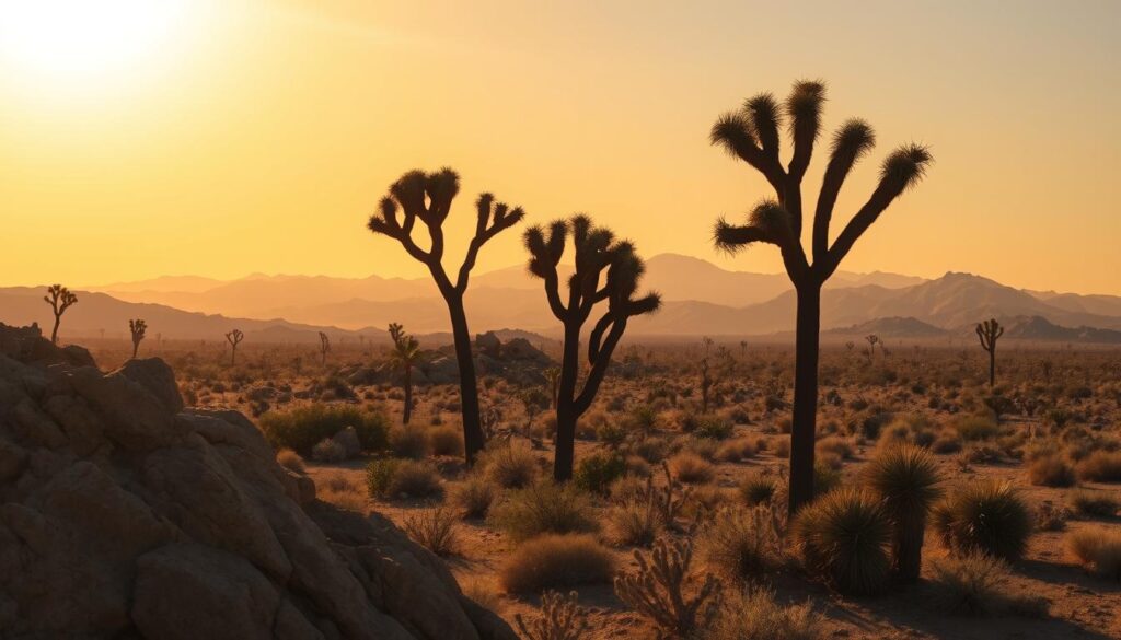 A rugged desert landscape with towering Joshua trees silhouetted against a vibrant golden sky. In the foreground, a rocky outcrop casts dramatic shadows, while in the middle ground, undulating hills are dotted with scattered yucca plants. Faraway mountains rise in the background, their peaks bathed in warm, hazy light. The scene conveys a sense of tranquil isolation, with a lens that captures the vast, awe-inspiring scale of the Joshua Tree region. The overall mood is one of serene, sun-drenched solitude, inviting the viewer to immerse themselves in the beauty of this unique desert environment.