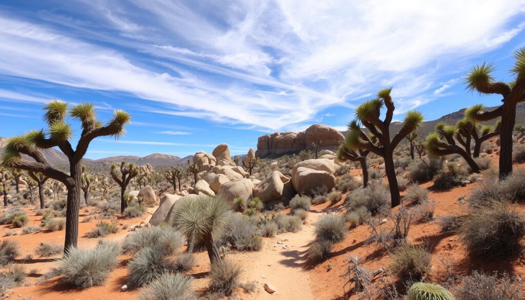 A rugged, sun-dappled trail winds through the towering, twisted Joshua trees, their spiny silhouettes casting long shadows across the ochre-hued desert floor. In the middle ground, massive boulders and smooth rock formations rise up, inviting hikers to scramble and explore. The clear, azure sky stretches out above, clouds drifting lazily overhead, as a gentle breeze ruffles the sparse desert vegetation. The scene exudes a sense of tranquility and adventure, perfectly capturing the essence of a nature-first experience in this iconic landscape.