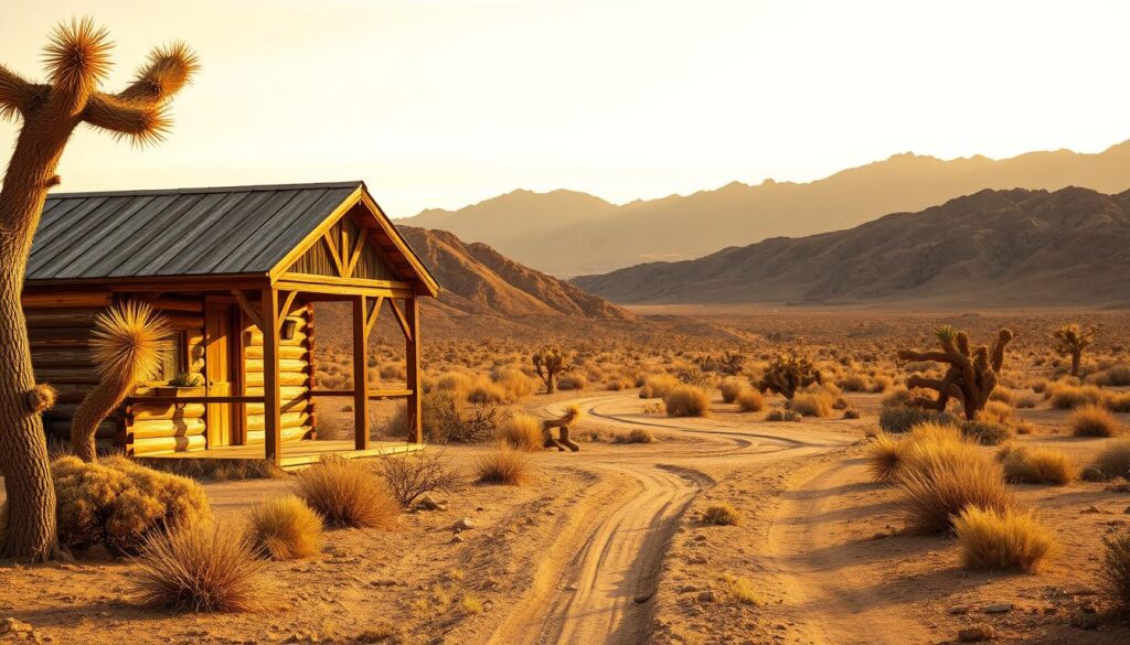A rustic cabin nestled amidst the arid, rugged terrain of Death Valley, its weathered wood walls and pitched roof in harmony with the sun-baked landscape. The foreground showcases the cabin's inviting porch, framed by joshua trees and creosote bushes. In the middle ground, a winding dirt path leads past the cabin, while the distant mountains rise as a majestic backdrop, their jagged peaks silhouetted against a warm, golden sky. The scene is bathed in a soft, diffused light, capturing the serene, timeless atmosphere of this desert hideaway.