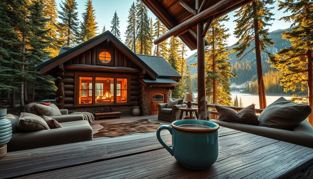 A rustic, cozy cabin nestled in the heart of the Rockies, surrounded by towering evergreen trees and a sparkling alpine lake. Warm, golden light filters through the large windows, casting a soft glow on the weathered wood interior. Plush furnishings, a roaring fireplace, and a bearskin rug create a welcoming, cabin-in-the-woods atmosphere. In the foreground, a steaming mug of hot cocoa sits on a rough-hewn wooden table, inviting you to curl up and savor the serene mountain retreat. The scene is captured with a wide-angle lens, emphasizing the cabin's picturesque setting and the breathtaking wilderness beyond.