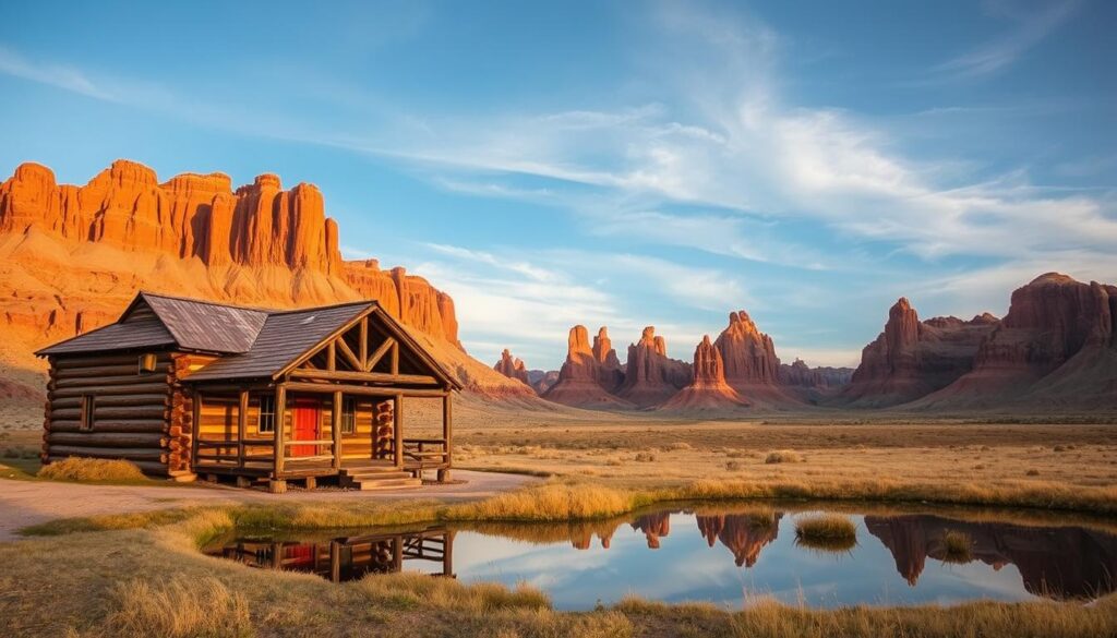 A rustic log cabin nestled amidst the rugged, sculpted landscapes of Badlands National Park. The Cedar Pass cabin stands in the foreground, its weathered wooden exterior and large, wrap-around porch bathed in warm, golden light. Towering buttes and spires of red and ochre rock rise in the distance, creating a dramatic backdrop. The cabin's reflection shimmers in a tranquil pond in the middle ground, adding a sense of serene isolation. The sky above is a soft, hazy blue, with wispy clouds drifting lazily. An atmospheric, early evening mood pervades the scene, conveying the peaceful, remote charm of this prairie retreat within the park's striking natural wonder.
